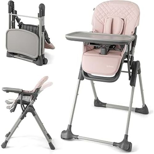INFANS Baby High Chair, Convertible Quick Folding Portable Highchair for Babies and Toddlers with Adjustable Height Backrest Footrest 2 Wheels Removable Tray, Easy to Clean PU Seat (Pink)