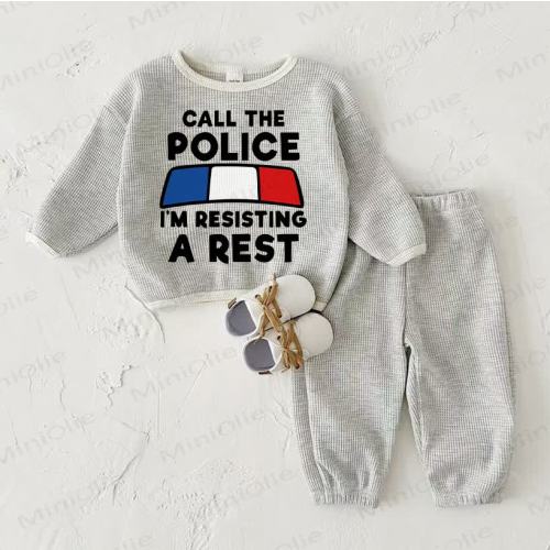 CALL THE POLICE RESISTING A REST Baby Waffle Sweatshirt 2-piece Light Grey Set