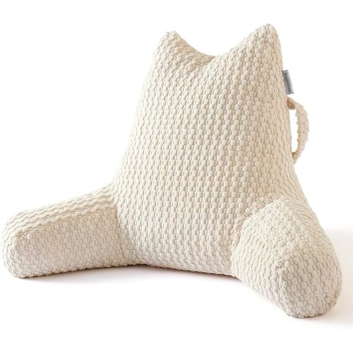 Reading Pillow, Backrest Pillow with Shredded Memory Foam, Back Support Cushion for Bed and Couch Sitting Up, Bed Pillow with Arms, Pockets and Washable Cover-Beige