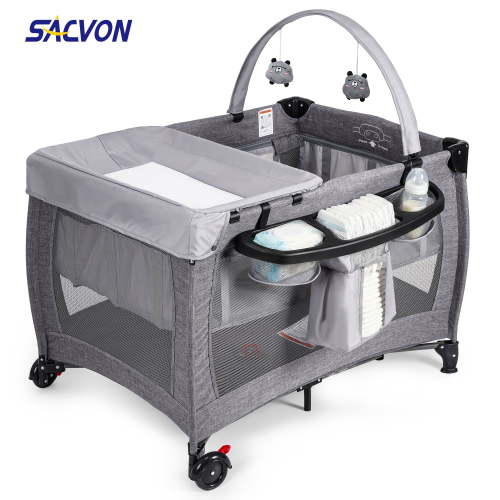 SACVON Portable Baby Playard with Bassinet & Changing Station | Bedside Crib | Removable Storage Organizer | Gray