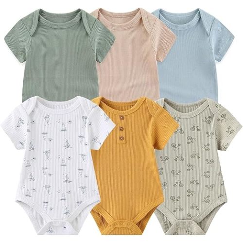 Baby Bodysuit 6 Pack Soft Mixed Ribbed Short Sleeve Romper Infant Boy Girl Clothes Set