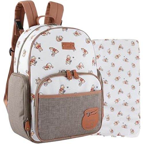 Disney Winnie the Pooh Baby Multi-Functional Diaper Bag Backpack with Changing Pad, Stroller Attachment and Insulated Bottle Holder Pockets