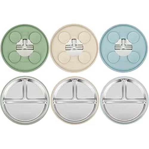 PandaEar 3 Pack Stainless Steel Baby Suction Plates, Divided Toddler Plate for Baby Led Weaning Supplies, Non-Slip Toddler Baby Feeding Set Dishwasher Safe (Blue/Green/Brown)