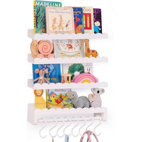 Nursery Book Shelves, Scalloped Shelves, 4-Pack White Set with 1 Hanging Rod and 8 S-Hooks for Kids’ Rooms and Baby décor