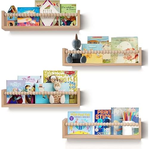 Nursery Book Shelves Set of 4,Wood Floating Nursery Shelves for Wall,Wall Bookshelves for Kids(Set of 4 Natural)