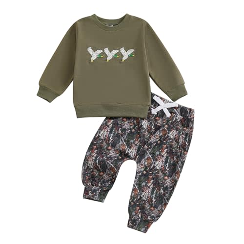 PUHHAPIEY Toddler Boy Fall Winter Clothes Baby Camo Outfits Retro Duck Embroidery Hunting Sweatshirts + Camouflage Pants Set