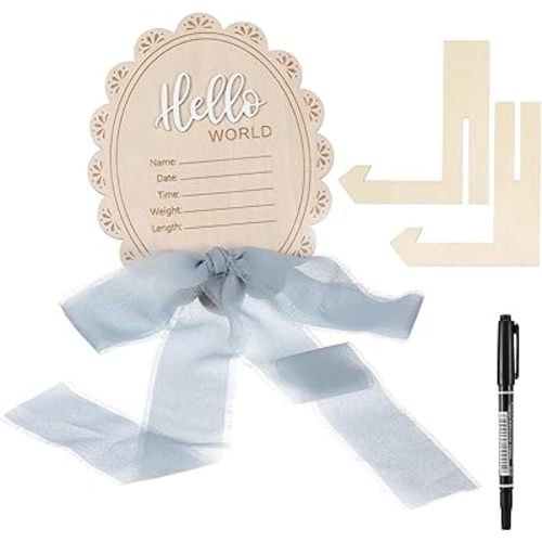 Tucnoeu Baby Announcement Sign, Wooden Hello World Newborn Welcome Sign, Bow Birth Stats Signs Newborn Photo Prop, Monthly Milestone Wood Discs(Ribbon)