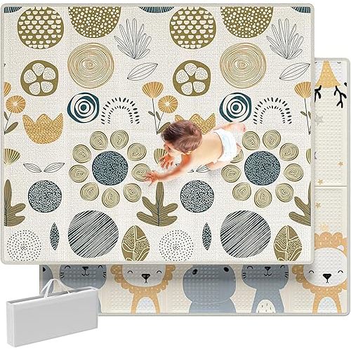 MLOONG Baby Play Mat, 59x59x0.4 Large Thick Playmat, Folding Portable Waterproof Reversible Double-Sided Crawling Mat, Baby Floor Mat for Infants and Toddlers, Easy to Clean