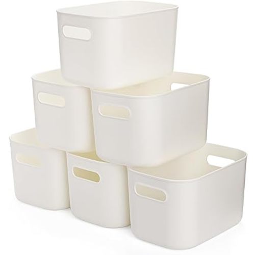 Yopay 6 Pack Plastic Storage Bin with Handle, White Bathroom Kitchen Organizer Bin for School, Office, Classroom, Hand Soaps, Shampoos, Lotion, Conditioners, Hand Towels, Cosmetic, Snacks, Seasoning