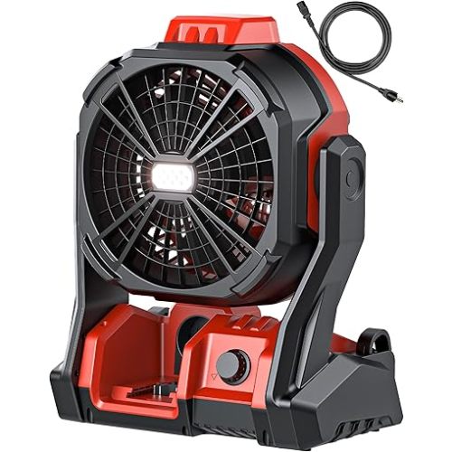DeForce Battery Operated Fan, for Milwaukee M18 18V Battery, Camping Fan Cordless, Option for Corded, with LED Lights, Variable Speed, Hook for Hanging, for Jobsite, Red(Bare Tool Only)