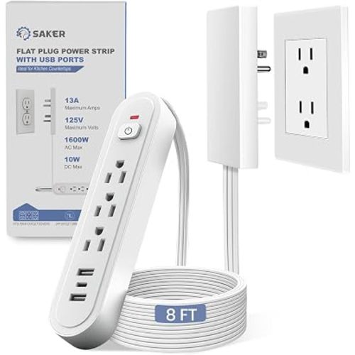 Saker 8ft Surge Protector, 3 Outlets, 3 USB, Flat Plug, White