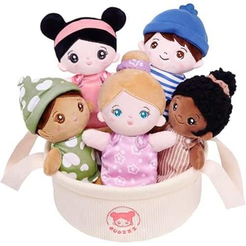 OUOZZZ Soft Baby Dolls – Set of 5 Multicultural 8.8″ Plush Dolls in Basket | Diversity Ethnic Snuggle Toys for Toddlers, Preschool, Daycare & Home