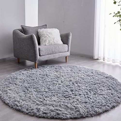 FJZFING Grey Round Rug Ultra-Soft Plush Modern 4x4 Circle Area Rug for Kid's Bedroom, Fluffy Shag Circular Rug for Nursery Room, Non-Slip Home Decor Cute Grey Carpet for Teen's Room