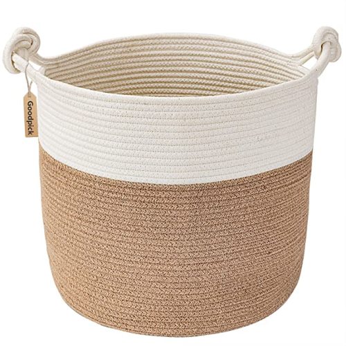 Goodpick Cotton Rope Storage Basket, 15 x 14.2 Inches Jute Woven Basket for Blankets Clothes Organizing, Baby Laundry Baskets Toy Storage With Handle, White Jute