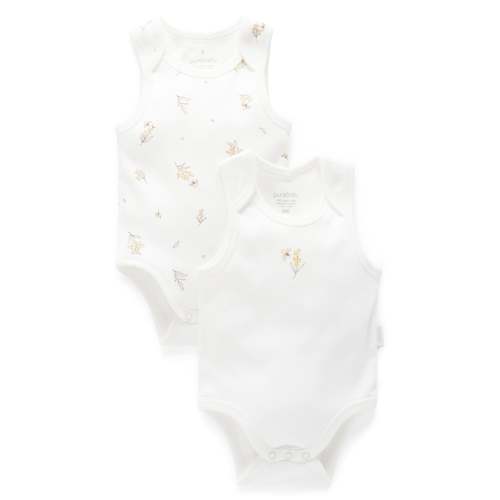 White Wattle Bee 2 Pack Singlet Bodysuit - Baby Bodysuits - Purebaby - Purebaby