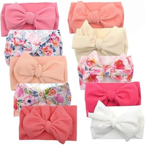 KIDOCHEESE Big Bows Hairbands, 10 Pack - Soft Nylon Hairband with Large Bows for Baby Girls, Newborn Infant Toddlers Kids, Ideal for Securing Hair - Perfect