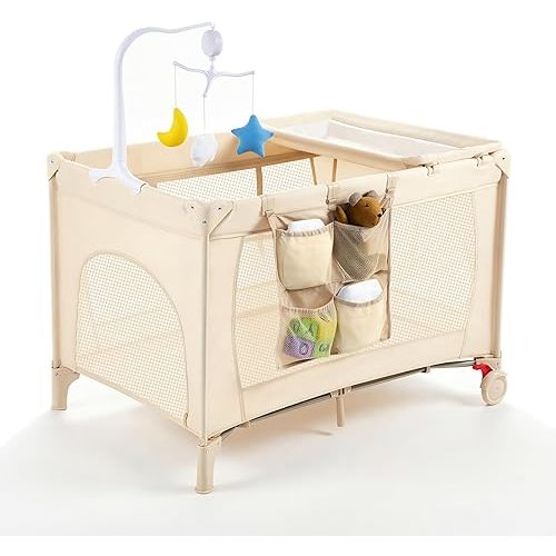 Pack and Play with Changing Table & Carry Bag, 4-in-1 Portable Crib Playpen for Newborn to Toddler, ASTM Certified Foldable Travel Crib with Bassinet(C-Khaki)