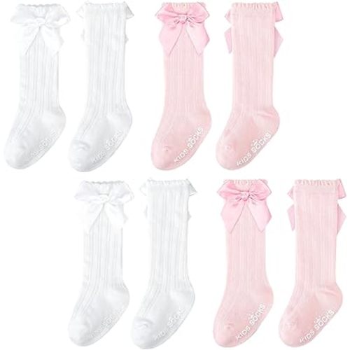 Jspupifip 4 Pairs Baby Girls Knee High Socks Newborn Girl Bow Ruffle Long Infant Non-Slip Socks