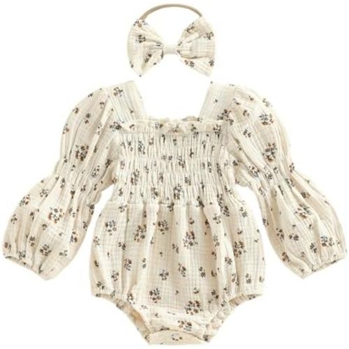 Smocked Baby Girl Clothes Newborn Girl Bubble Romper Long Sleeve Jumpsuit And Headband Outfit Cute Infant Clothing