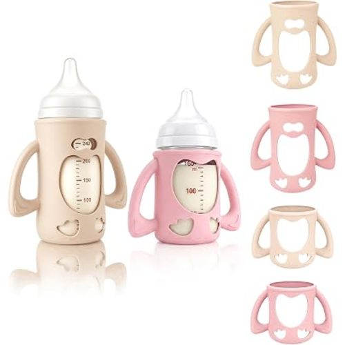 4-Pack Silicone Sleeves for Pigeon Glass Nursing Bottle, BPA-Free Drop-Resistant Baby Bottle Sleeves with Handles, Compatible with Pigeon Anti-Colic Wide Neck Glass Baby Bottles (5.4 & 8.1 oz)