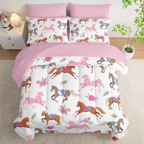 HOSIMA 7Pcs Kawaii Pink Rose Horse Twin Comforter Set with Sheets Princess Bedding,Cute Animal Twin Bedding Sets for Girl Teen Aesthetic Room Decor,Colorful Pony Bed in a Bag with 4 Pillowcases.