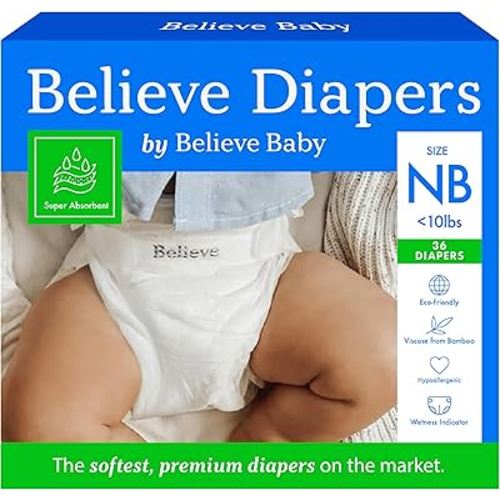Believe Diapers Size Newborn (<10Lbs) Viscose Bamboo Diapers 36 Count – Natural Baby Diaper, Chemical Free and Fragrance Free Natural Diaper for Sensitive Skin, Super Absorbent with Leak Protection