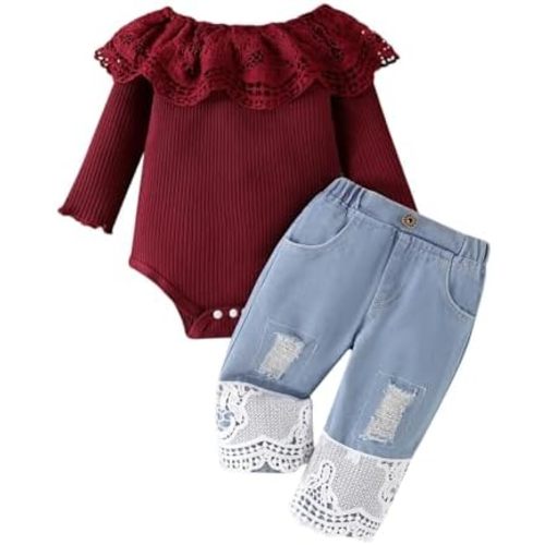 Baby Girl Clothes Toddler Outfit Infant White Lace Romper Long Sleeve + Jeans Pants Clothing Set
