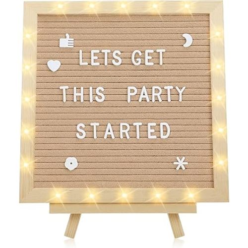 Changeable Felt Letter Board with LED Lights - 10×10" Message Custom Signs & Wood Stand & 450 Letters, Poster Board for Easter/Baby/Pregnancy Announcement/Classroom Wall Graduation Decor Gifts, Camel