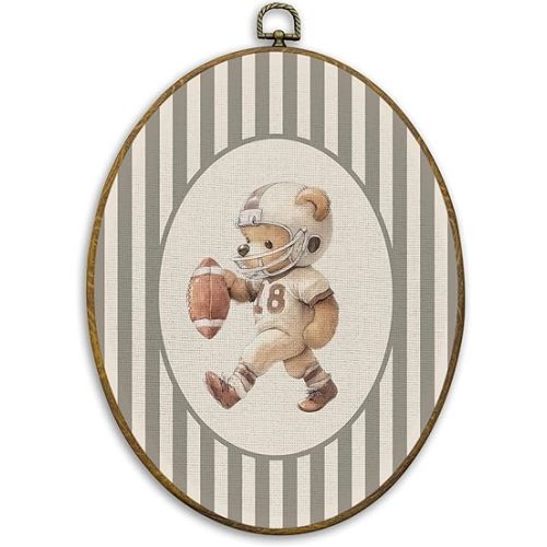 CUANFDDSF Football Bear Nursery Oval Wall Art Decor, Sports Wall Hanging Decor, Neutral Striped Football Player Bear Framed Canvas Prints for Kids Boy Nursery Room Bedroom Playroom, 8.6x11.4 Inch