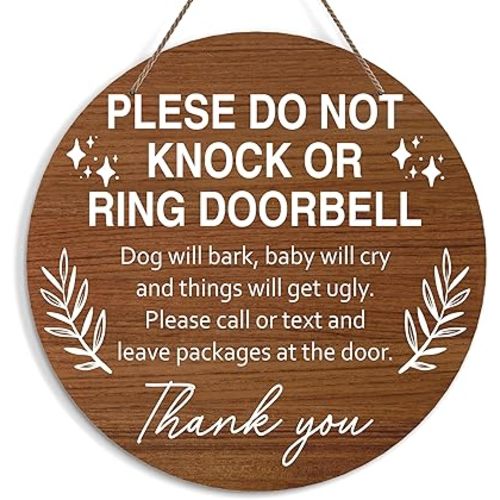 Baby Sleeping Sign for Front Door, Do Not Knock or Ring Doorbell Door Decorations, Rustic Wooden Hanging Sign for Farmhouse Porch Nursery, Wood Door Hanger for Outdoor, Kids Room Wall Decor -45