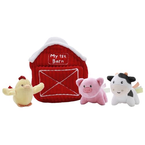 4 Piece Plush My First Barn Play Set with Sensory Toys for Baby, Red Farm Animals, 6 inch, Chicken, Pig, Cow