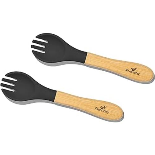 Avanchy Baby Fork Set, Bamboo and Silicone Spork Utensils, Toddler Baby Led Weaning Silverware Cutlery Flatware, Kids First Self Feeding, 2 Pack, Black