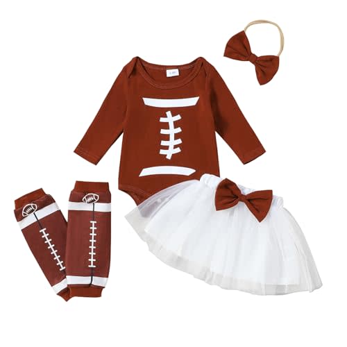 MIEKISA Baby Girls Brown Football Bodysuit with White Tutu Skirt Matching Leg Warmers and Headband
