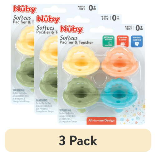 (3 pack) Nuby Softees Pacifier and Teether for Babies, 4 Pack Infant Pacifiers
