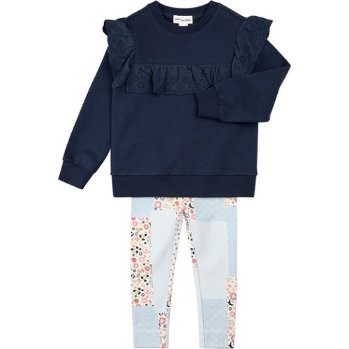 Ruffle Accent Cotton Sweatshirt & Patchwork Print Leggings Set