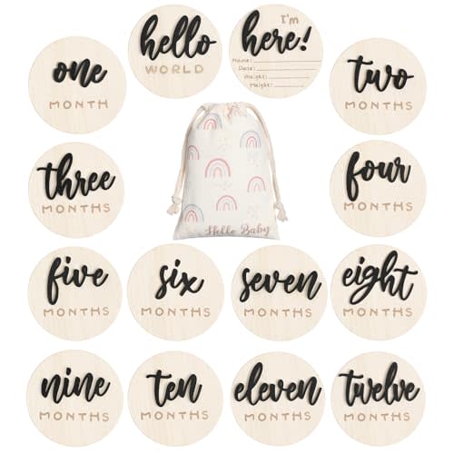Burbell 7 Pack 3D Baby Monthly Milestone Card Signs Baby Announcement Sign Double Sided Hello World Newborn Signs Wooden Circles Discs for Welcome Newborn Shower Boy Girl Photo Props(Black)