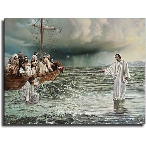 Jesus Saves Peter Walking on The Water Painting Picture Art Print Canvas Wall Decoration Poster (Framed,08x12 inch)