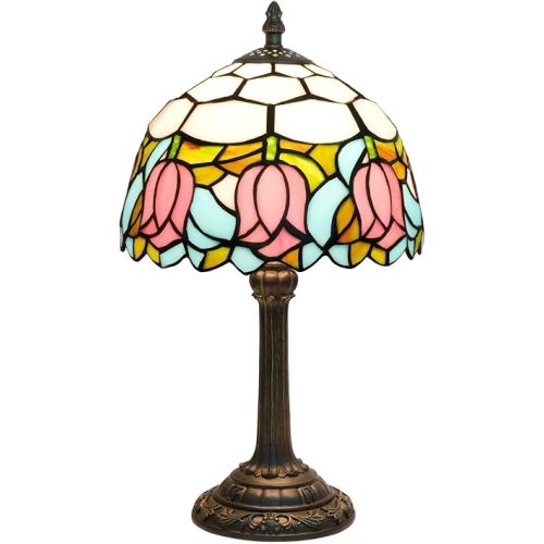Tiffany Style Pink Tulip Stained Glass Table Lamp Cute Small Table Lamp Bedroom Bedside lamp Living Room Dining Room Office Decoration Desk lamp Home Decoration Creative Gift Scene Props