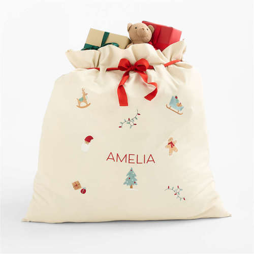 Santa Large Embroidered Natural Cotton Kids Christmas Gift Bag