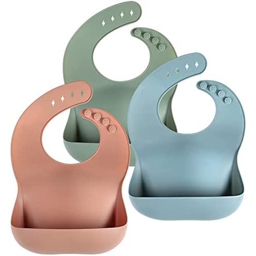 Eascrozn Silicone Baby Bibs for Babies & Toddlers Set of 3, BPA Free Unisex Soft Adjustable Fit Waterproof Feeding Bibs