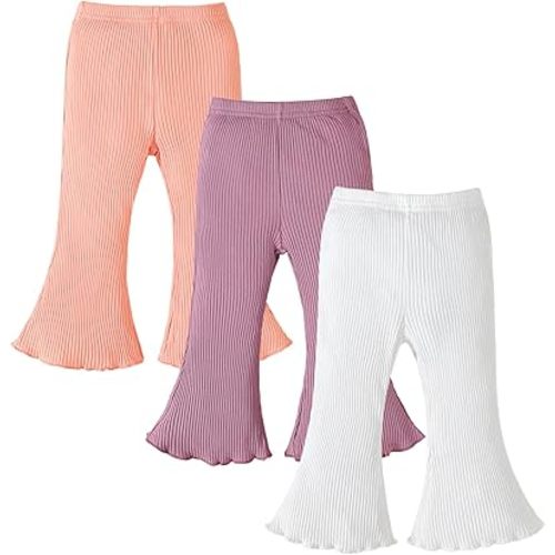 3 Pack Baby Girl Pants: Infant Solid Ribbed Flare Pants Cotton Pull On Bottoms Leggings for Toddler 0-24 Months