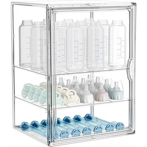 HBlife Baby Bottle Storage Organizer for Countertop Cabinet, 3 Tiers Adjustable Clear Acrylic Bottles Storage Station Case Box Container with 2 Removable Dividers and Magnetic Door, X-Large