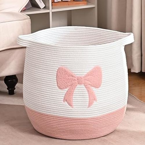 Large Baby Laundry Basket, Pink Laundry Hamper for Baby, Toy and Blanket Storage Basket, Cotton Rope Baskets for Organizing 17.7"x15.7"