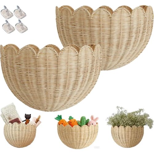 Hand Woven Rattan Wall Baskets, Scalloped Wicker Hanging Basket with Metal Frame & Hook, Minimalist Wall Decor for Home, Entryway, Kitchen, Living Room(14"x6"x8", 2Pcs)