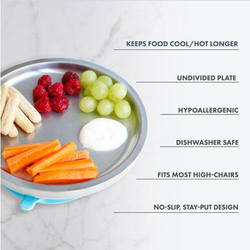 Avanchy Open Baby Plates with Suction – Stainless Steel Divided Plates for Toddlers, BPA-Free, Dishwasher Safe, Unbreakable, Non-Toxic, 100% Silicone Suction – Blue