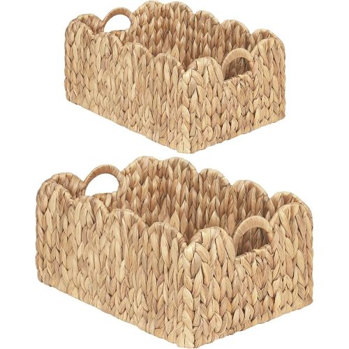 Scalloped Wicker Basket, Set of 2 Woven Rattan Natural Water Hyacinth Baskets with Built-in Handles, Rectangle Storage Baskets for Organizing, Decor, Shelf and Nursery Room