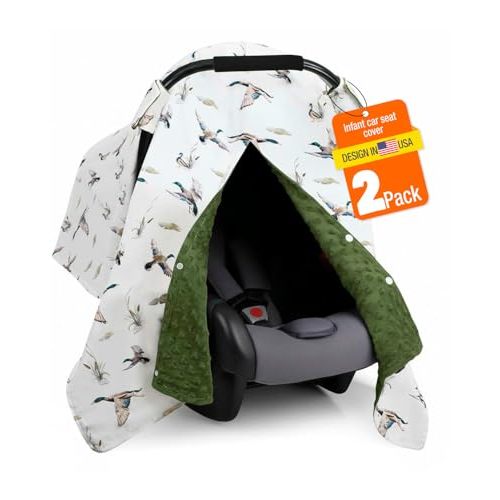 2 Pack Mallard Duck Car Seat Cover - Minky Infant Car Seat Canopy with Peekaboo Opening, Multi-Use Nursing Cover & Stroller Blanket, 27.5 x 39 Inch for Newborn Baby Boy Girl