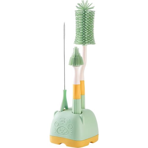 3-Pack Silicone Baby Bottle Brush, Bottle Cleaner, Set with Storage Holder, Food Grade Silicone, Effortless Scrubbing Cleaning Brushes for Long Narrow, Sports, Baby Bottles (Green)