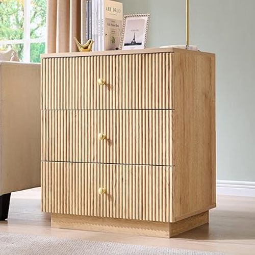 Fluted Night Stand with Charging Station, 21.65" Nightstand with Drawer, 3 Drawer Dresser for Bedroom, Morden End Table Bedside Table Chests of Drawers for Bedroom, Living Room, Natural