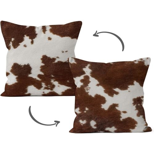 HIWX Brown Western Cow Print Pillow Covers 18x18 Double-Sided | Cow Print Room Decor, Rustic Cowhide Animal Skin Decorative Pillow Covers for Couch Bed Home Bedroom Living Room Decor